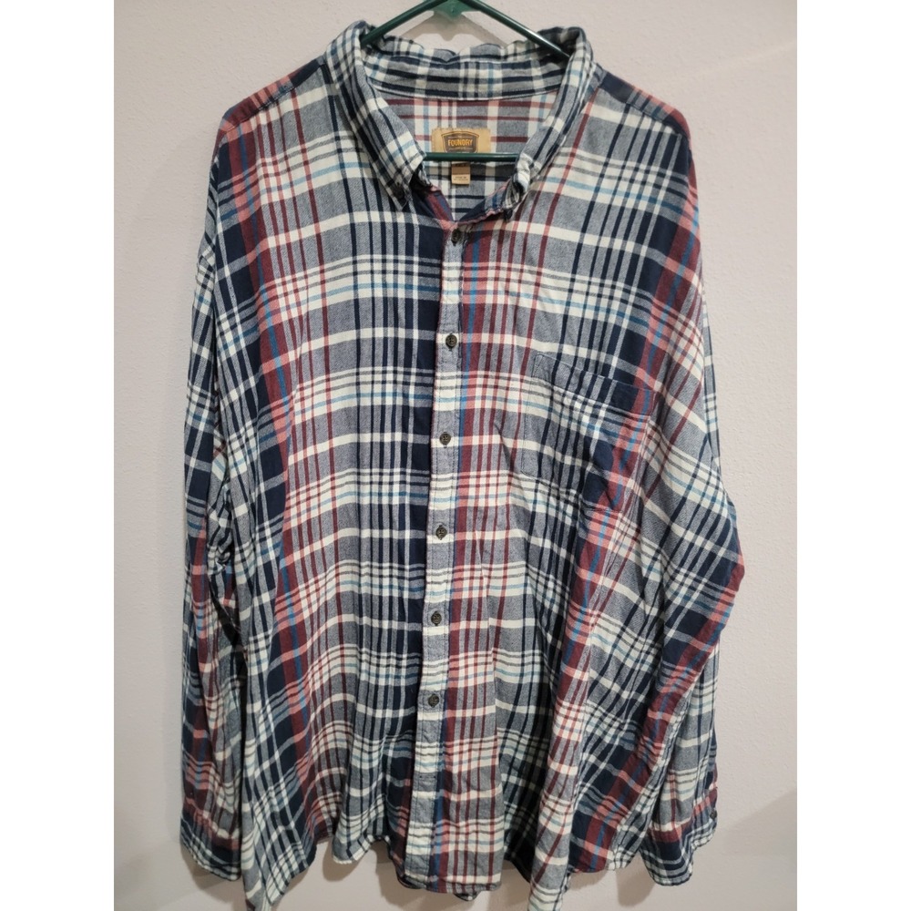 The Foundry Mens 4XLT Flannel Button Down Shirt Long Sleeves Red White Blue‎